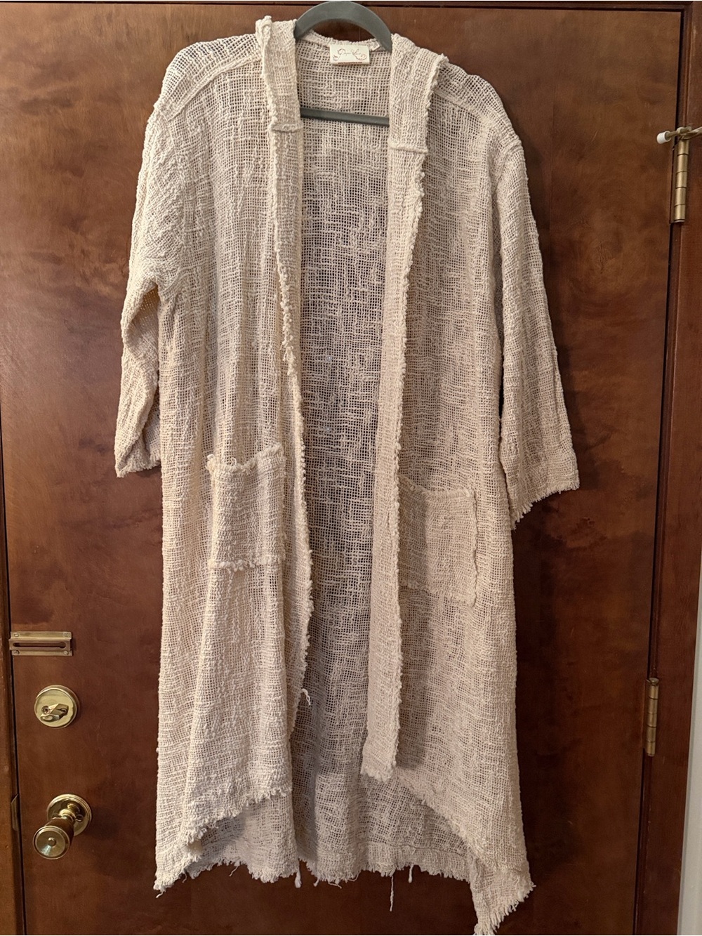 Light Cream Hooded Open-Weave Duster Coat